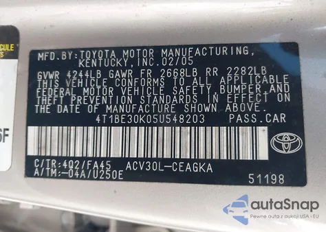 2005 Toyota Camry Xle из США, поврежденный, VIN 4T1BE30K05U548203